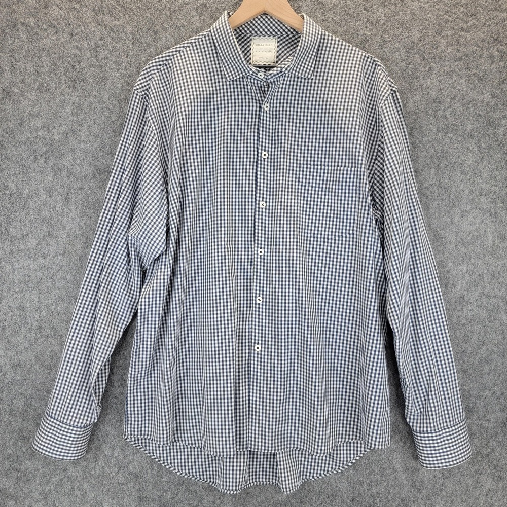 Billy Reid Shirt Mens 2XL Navy Gingham Check‎ Standard Cut Long Sleeve Button Up
